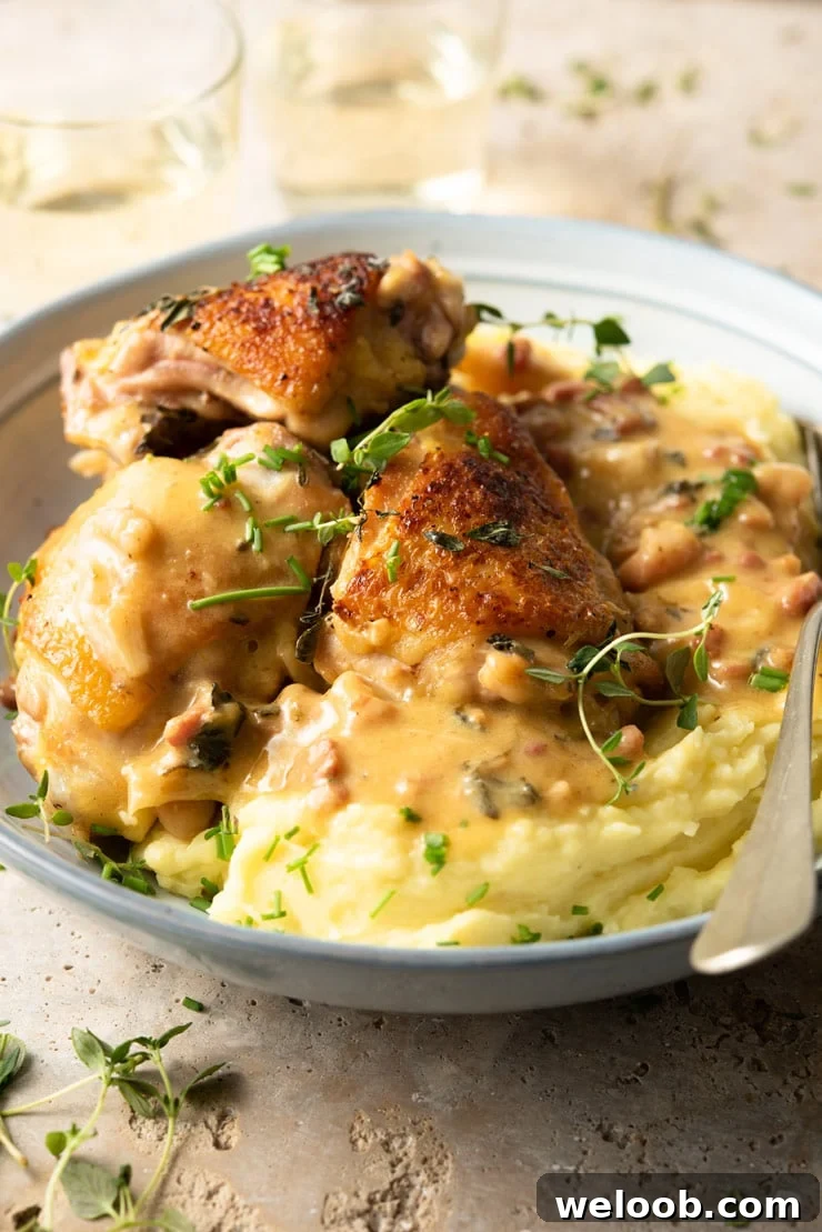 A side shot of creamy Tuscan chicken in a blue bowl with mashed potatoes