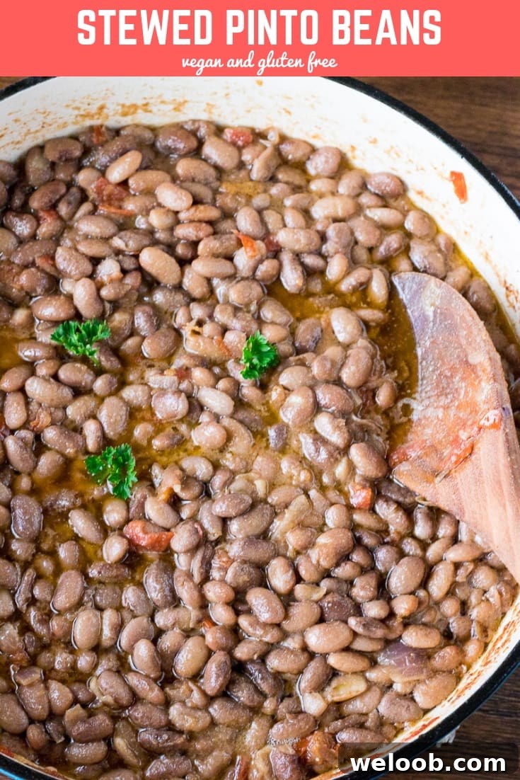 Wooden spoon in a pot of stewed pinto beans.