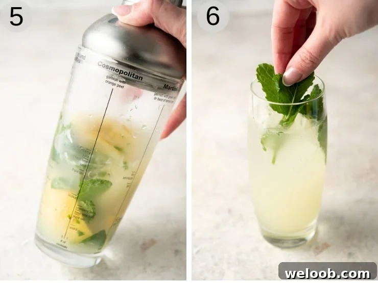 Two step by step photos of making a limoncello mojito with mint