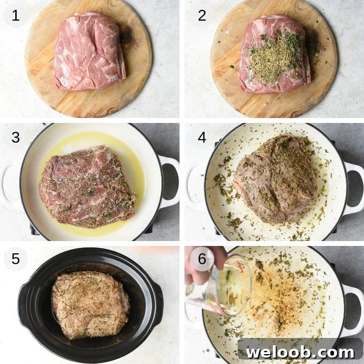 Step by step photos showing how to make slow cooker pulled pork Italian style