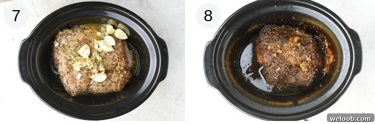 Two photos showing before and after cooking pulled pork in a slow cooker