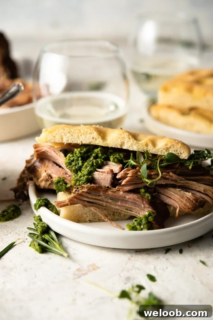 A close up of pulled pork with salsa verde on a sandwich