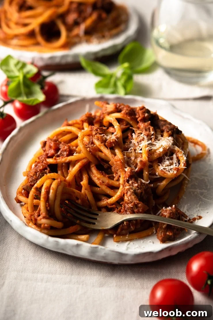 A close up of leftover pulled pork ragu with bucatini pasta on a plate