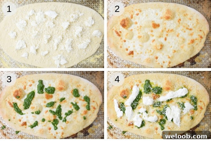 Step by step photos for making basil pizza with burrata