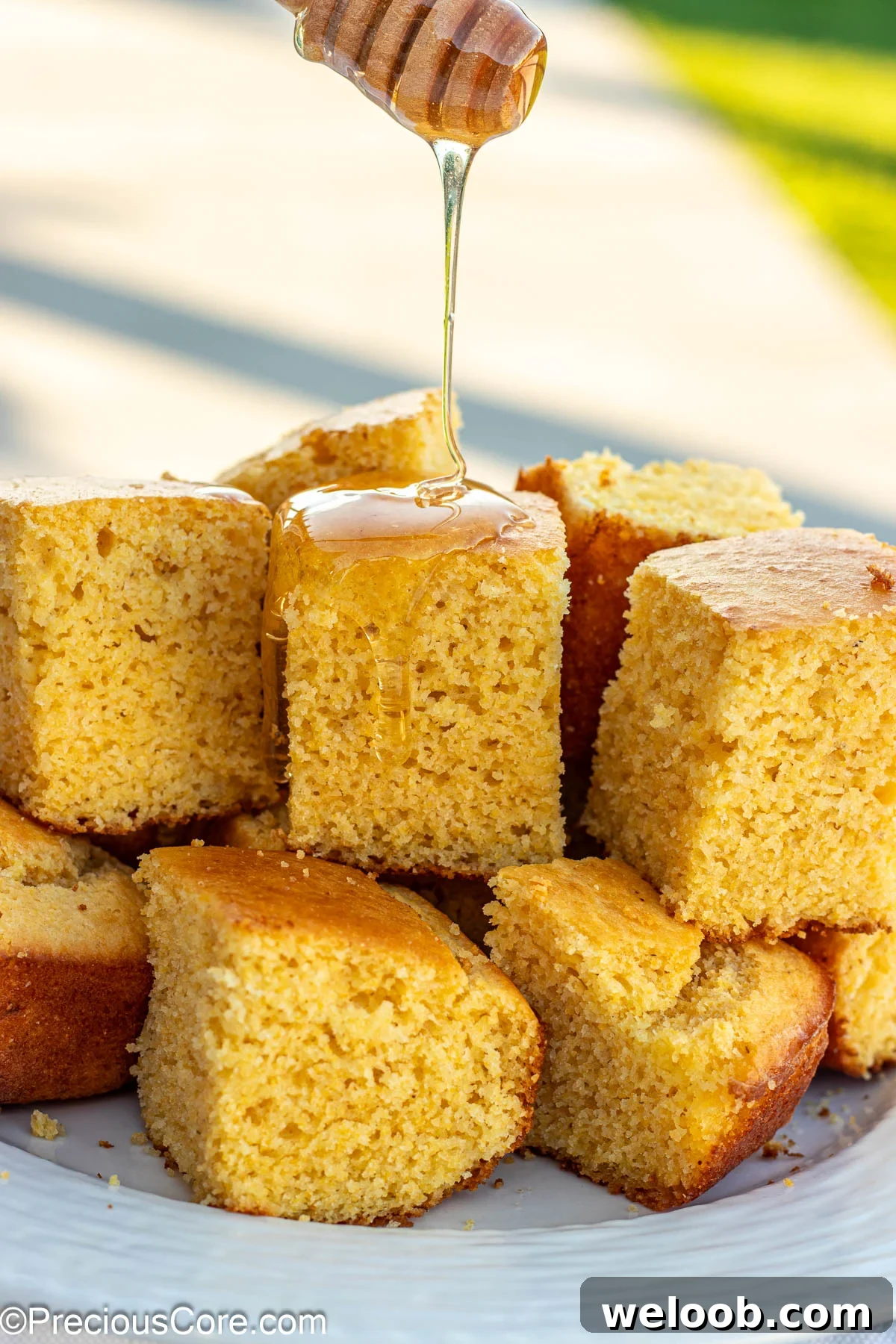 Square slices of cornbread without buttermilk with honey drizzling on top.