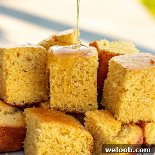 Square slices of cornbread without buttermilk with honey drizzling on top.