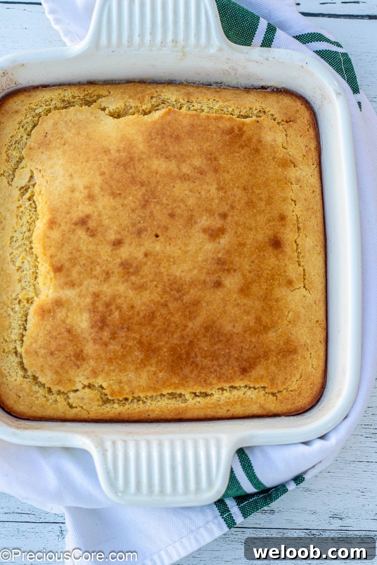 Cornbread in square baking dish.
