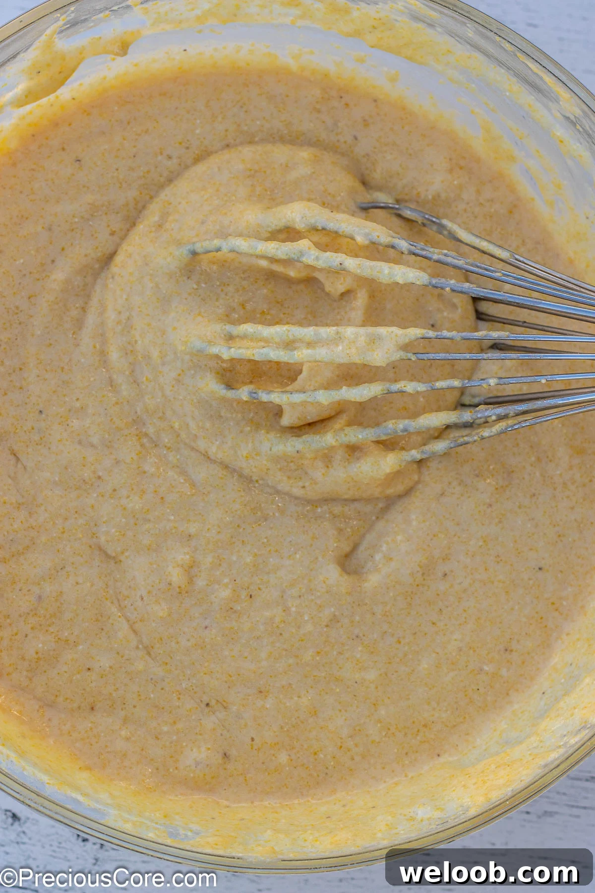 Batter for cornbread with a whisk in a bowl.