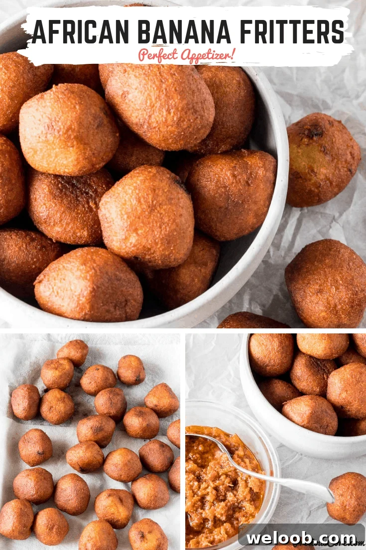 Collage of Accra Banana with text "African Banana Fritters Perfect Appetizer!"