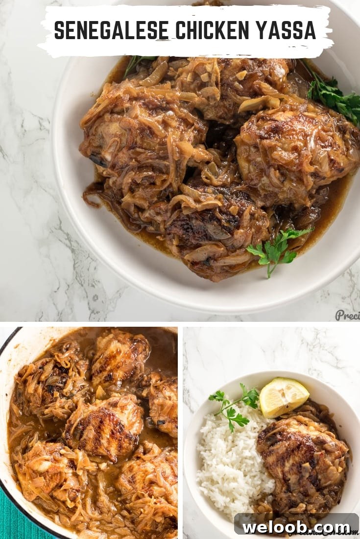 Collage of chicken with text "Senegalese Chicken Yassa."