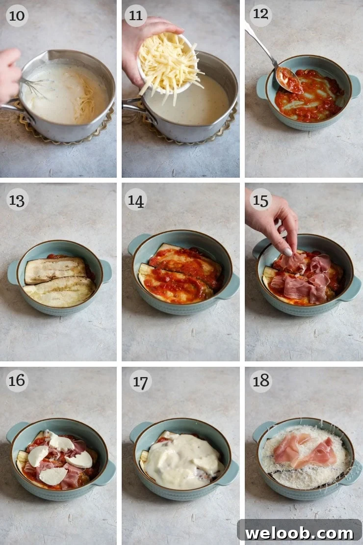 Step by step photos for assembling an eggplant lasagna
