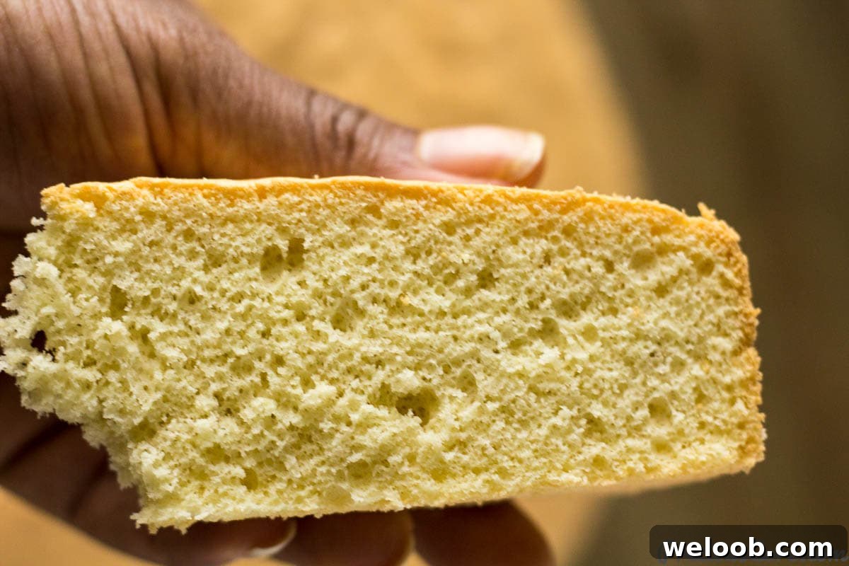 Person holding a slice of vanilla sponge cake.