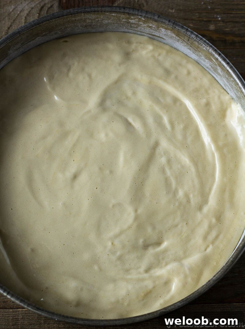 Vanilla Sponge Cake batter in a cake pan.