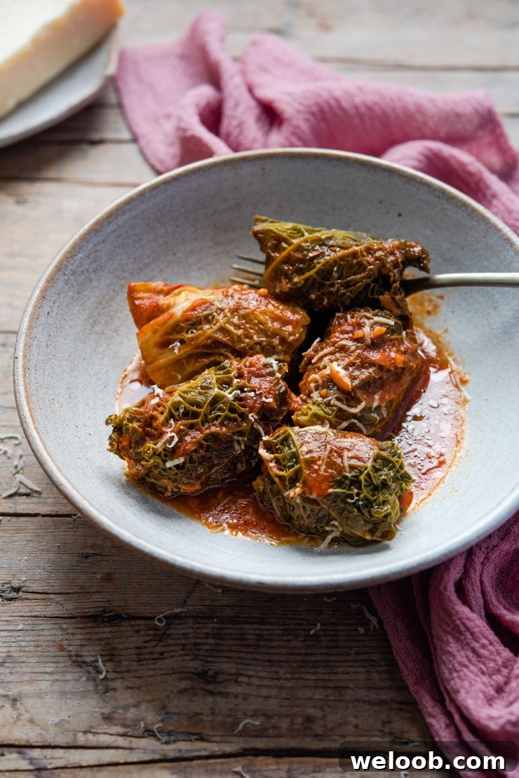 Stuffed cabbage rolls in a bowl with tomato sauce