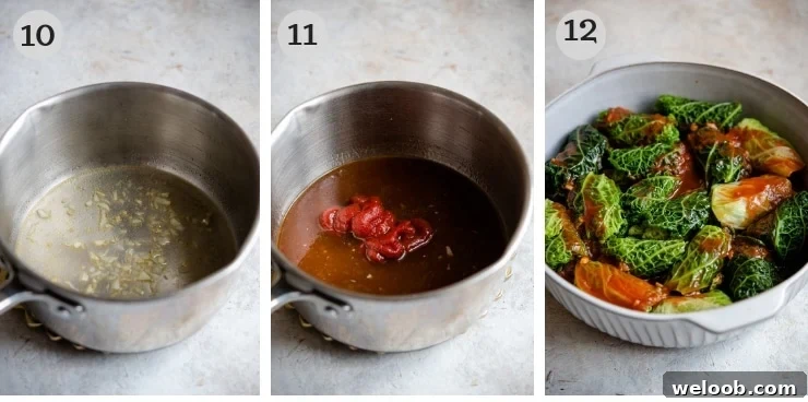 Step by step photos for making a tomato sauce for stuffed cabbage rolls