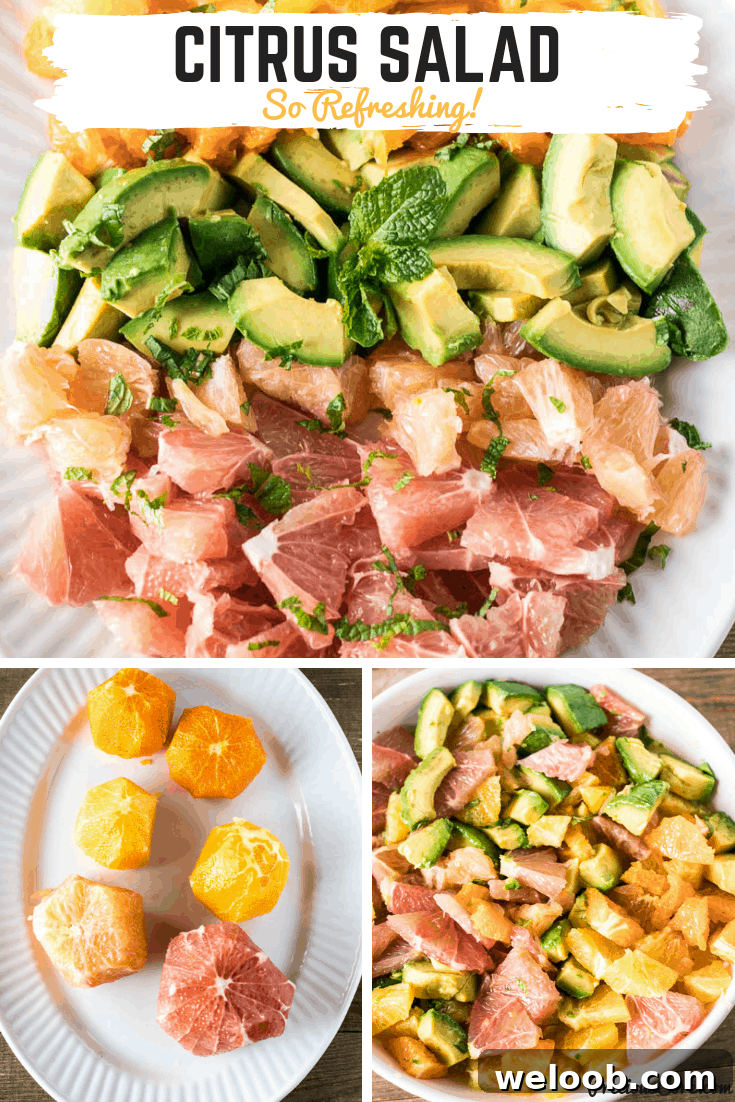 Collage of salad with text "Citrus Salad So Refreshing!"