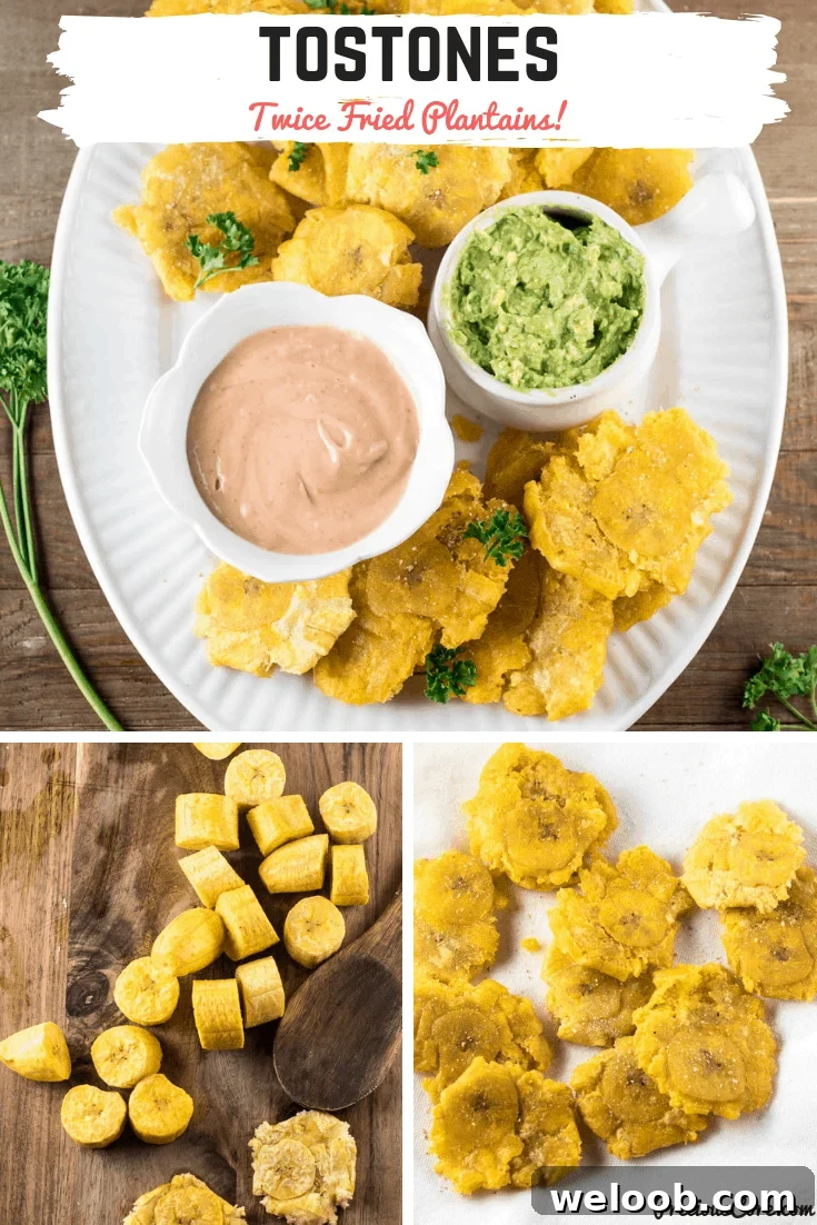 Collage with text "Tostones Twice Fried Plantains!"
