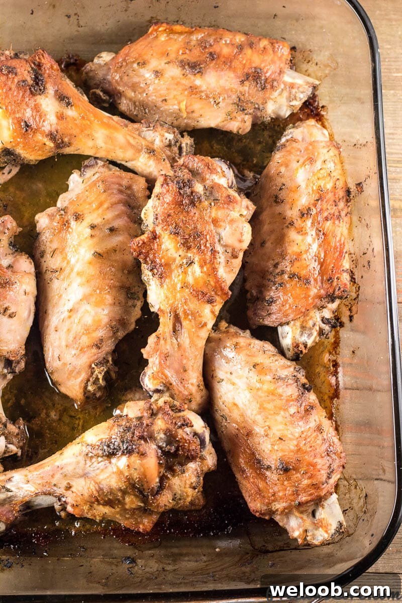 Baked Turkey Wings in baking dish.