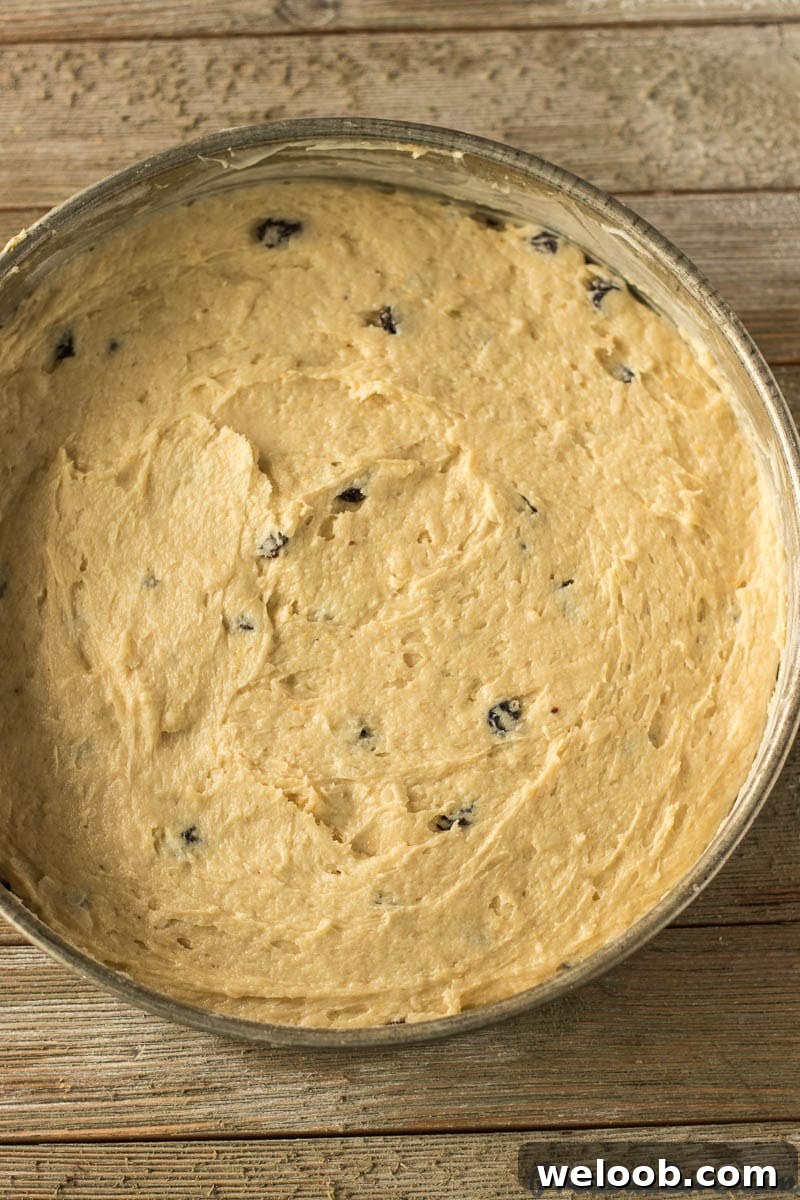 Christmas Fruit Cake batter in a cake pan.