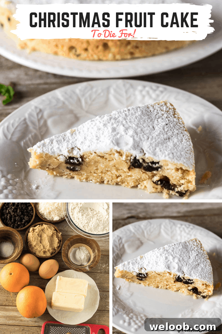 Collage of cake with text "Christmas Fruit Cake To Die For!"