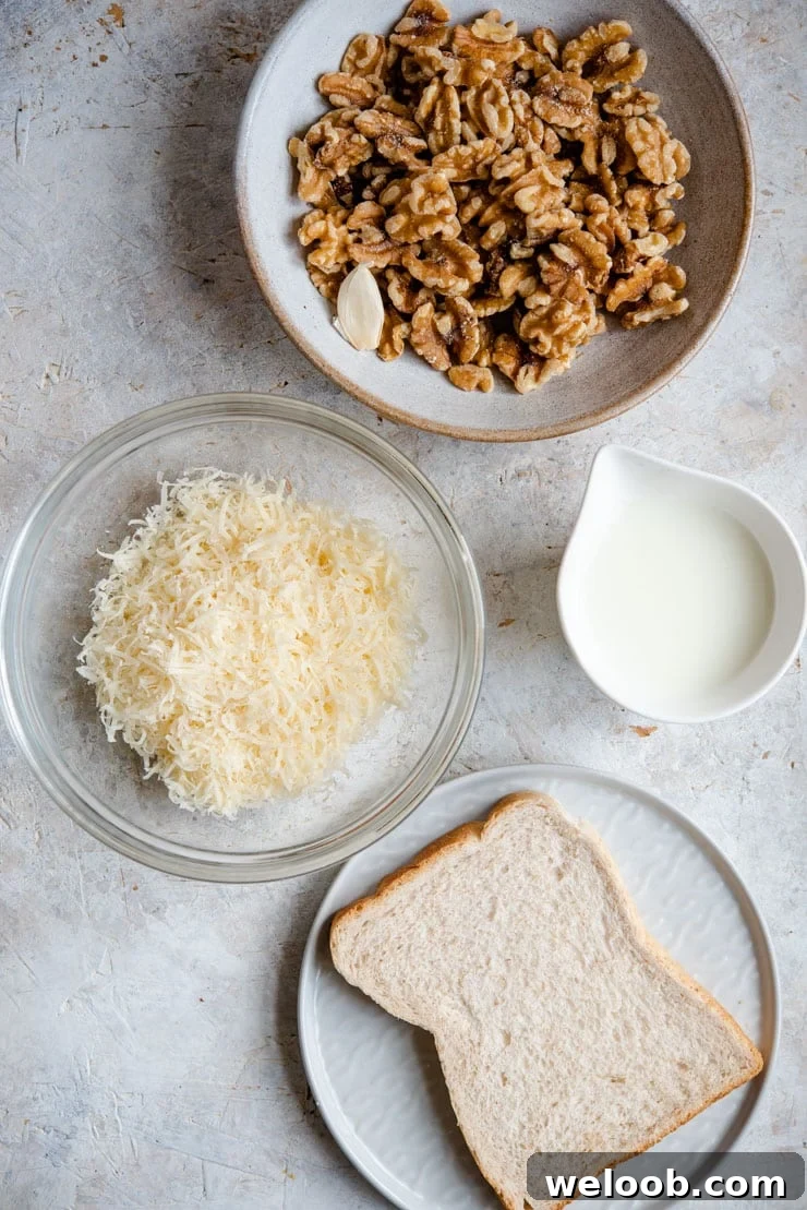 An overhead shot of ingredients for making walnut sauce