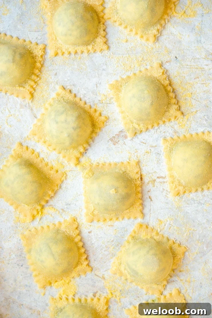 A close up of homemade ravioli before being cooked