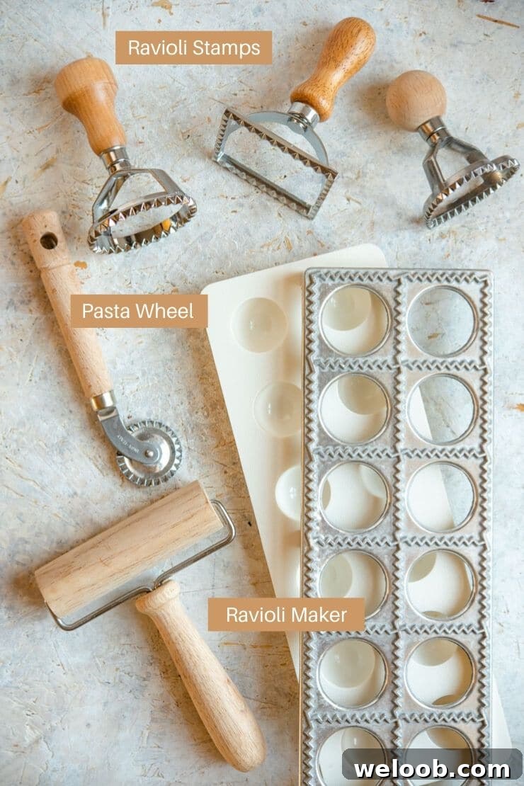 A photo showing all the tools you need to make homemade ravioli