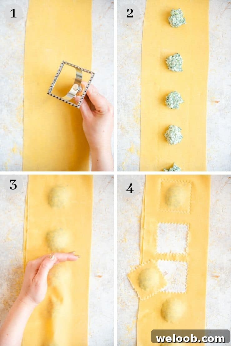 Step by step photos showing how to make ravioli with a ravioli stamp