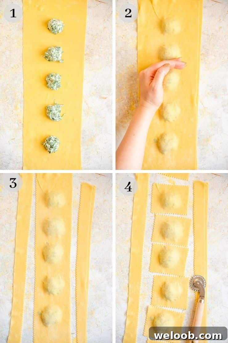 Step by step photos showing how to make ravioli with a pasta wheel