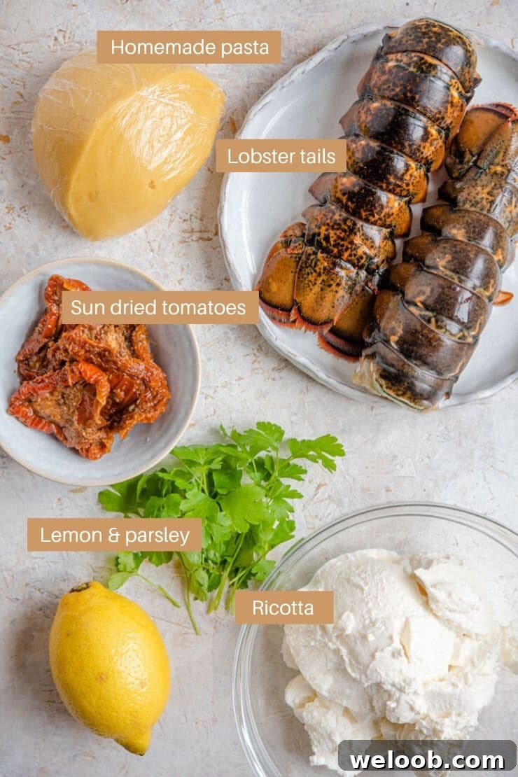 A photo of all of the ingredients needed to make lobster ravioli