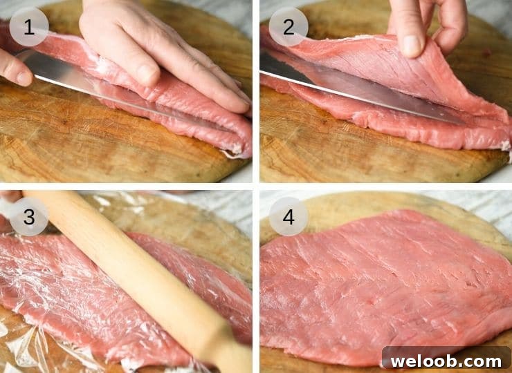 Step by step photos showing how to butterfly a pork tenderloin