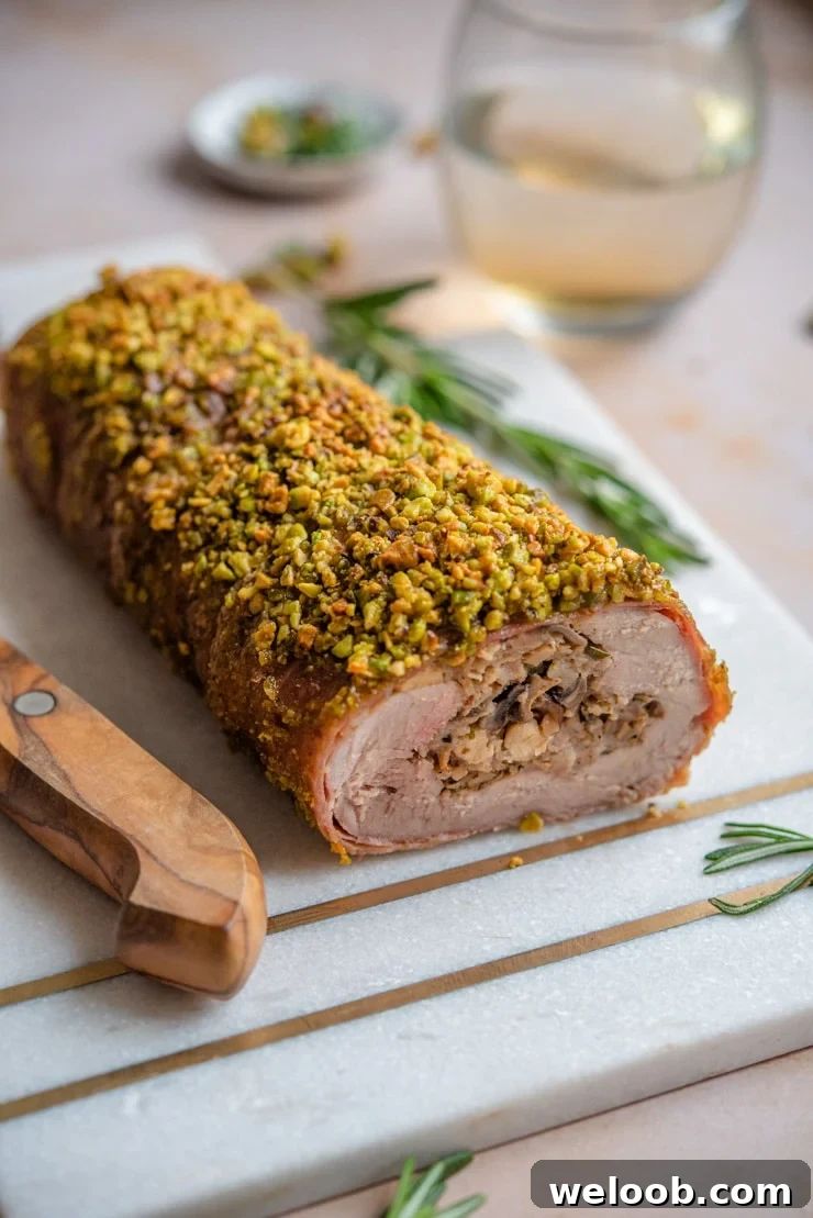 A whole stuffed pork tenderloin on a cutting board