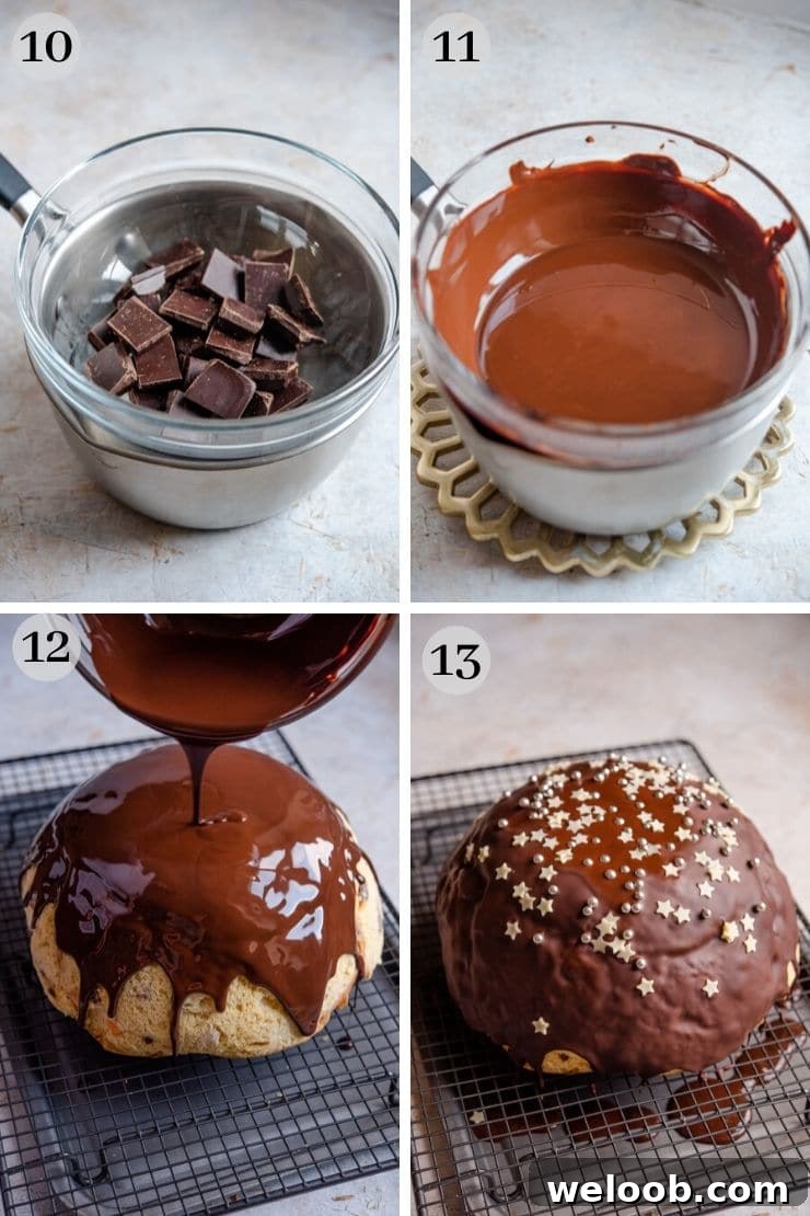 Step by step photos for melting chocolate and pouring over an ice cream cake