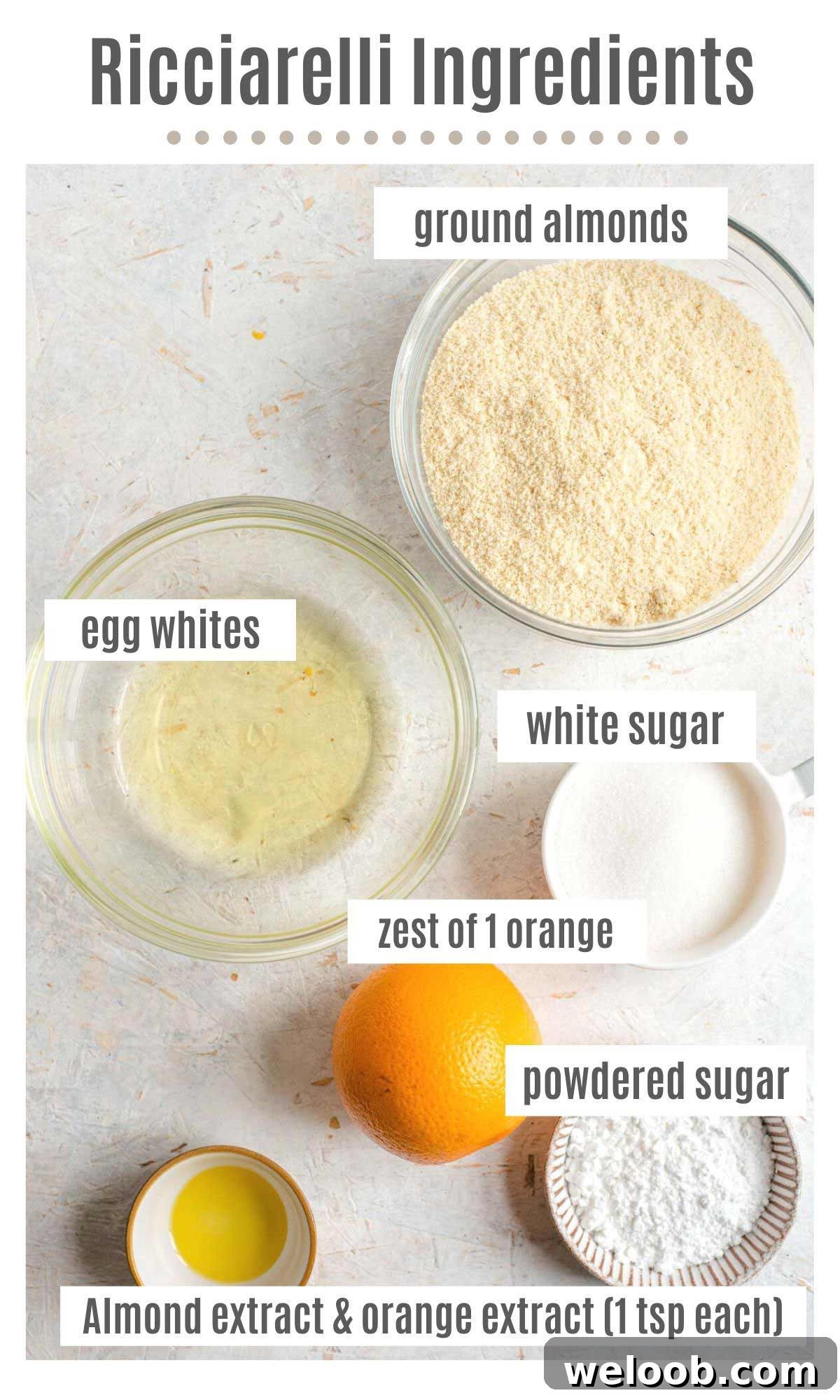 An overhead shot of all the ingredients you need to make Ricciarelli