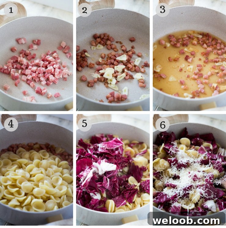 Step by step photos for how to make orecchiette pasta with pancetta and radicchio