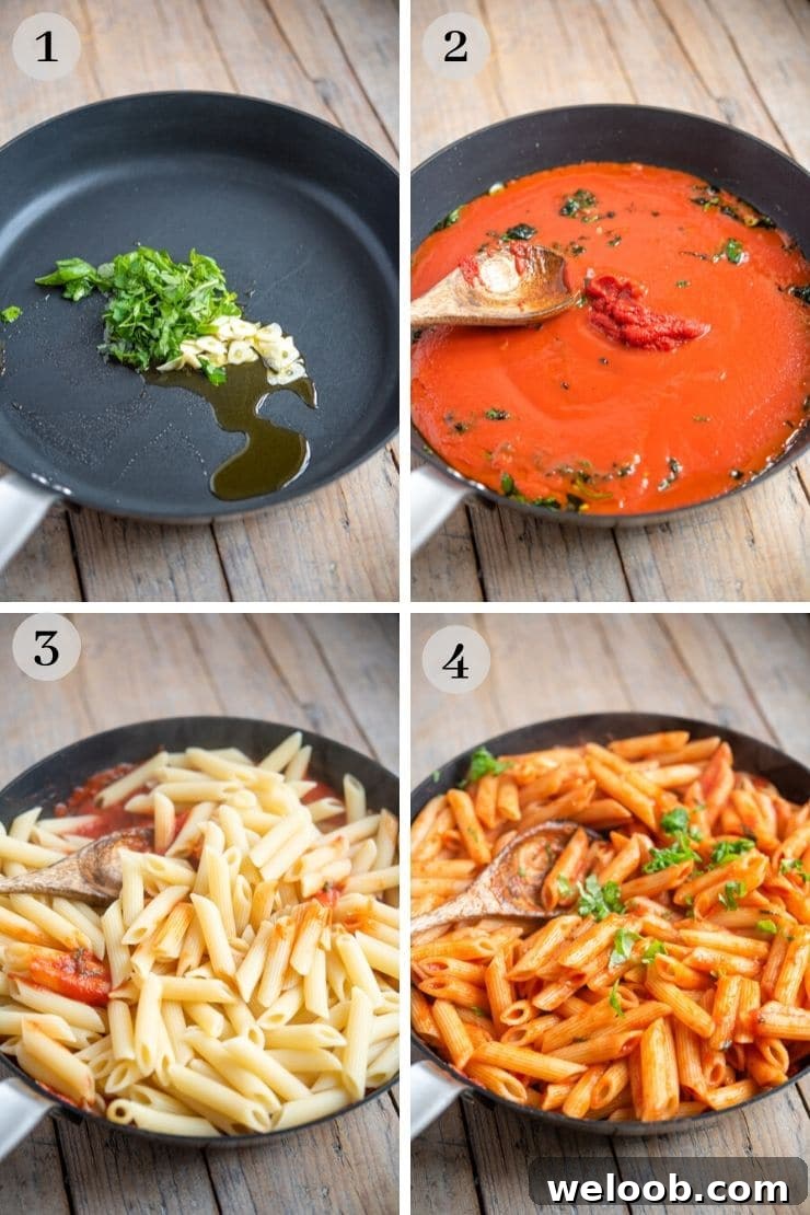 Step by step photos showing how to make penne pomodoro