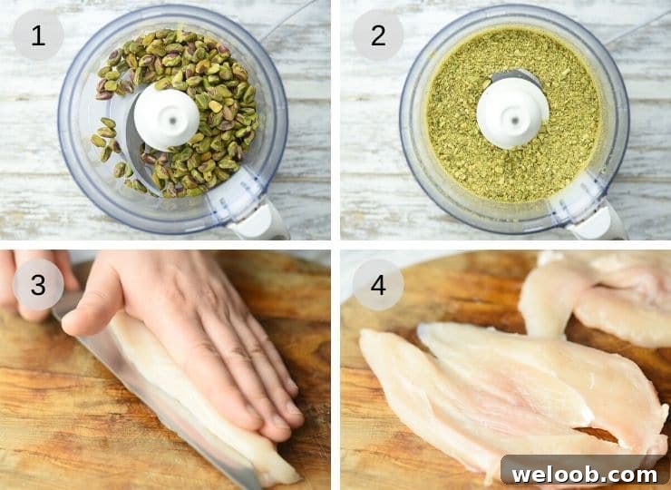Step by step photos showing how to make a pistachio crumb and butterfly chicken