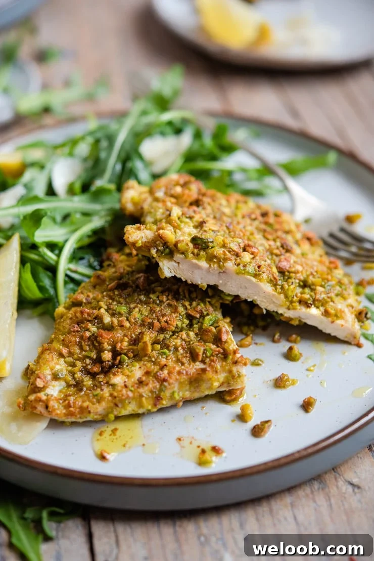 A close up of pistachio crusted chicken cut in half