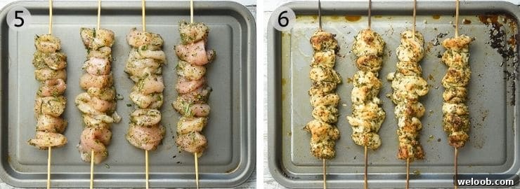 Two photos showing chicken threaded onto skewers before and after being cooked
