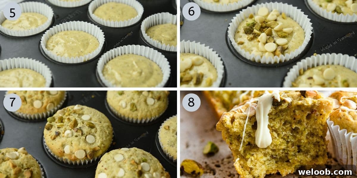 Four photos showing how to fill and bake pistachio muffins