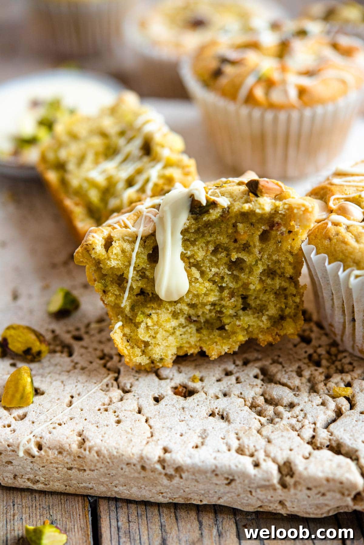 A close up of a pistachio muffin cut in half with white chocolate drizzled on top