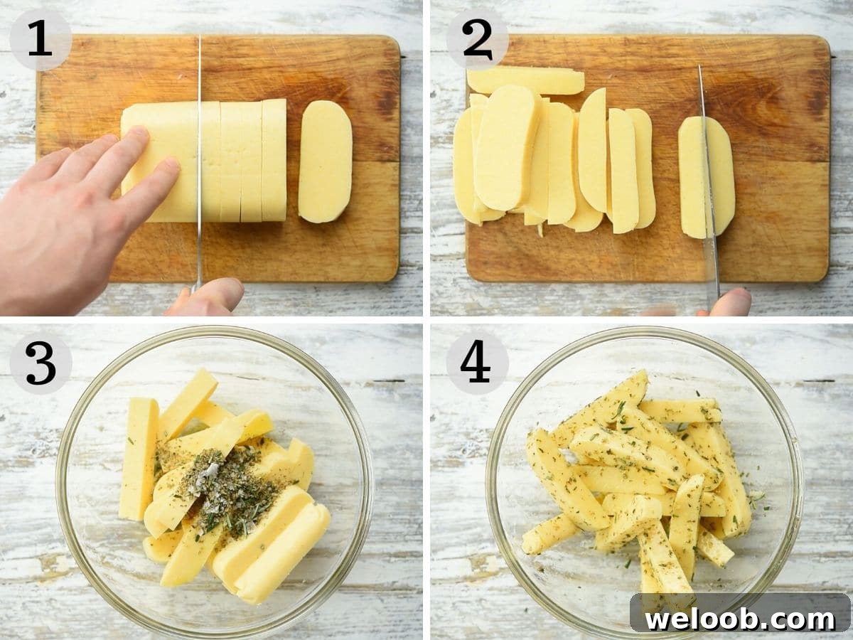 Step by step photos for making polenta fries with pre-cooked polenta