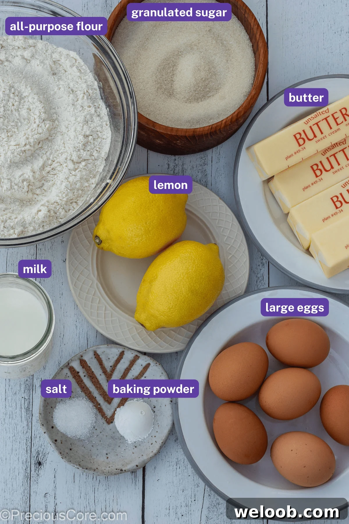 Ingredients for lemon pound cake with labels on them.