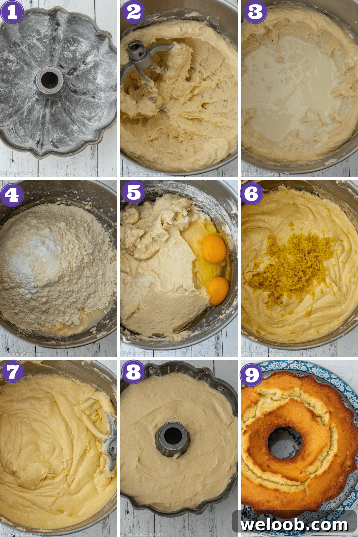 Step by step pictures for making lemon pound cake.