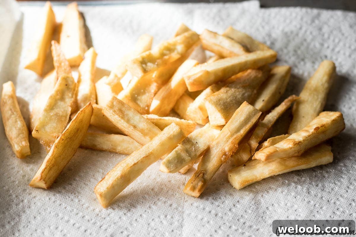 Yuca Fries on paper towels.