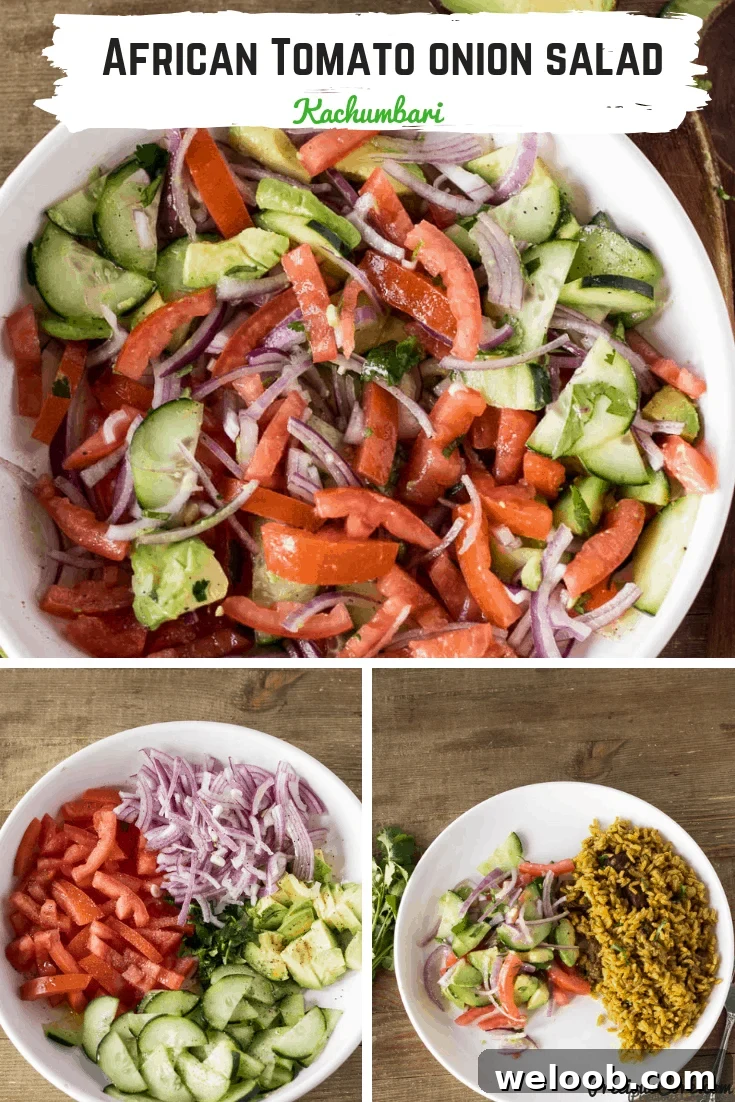 Collage of kachumbari with text "African tomato onion salad."