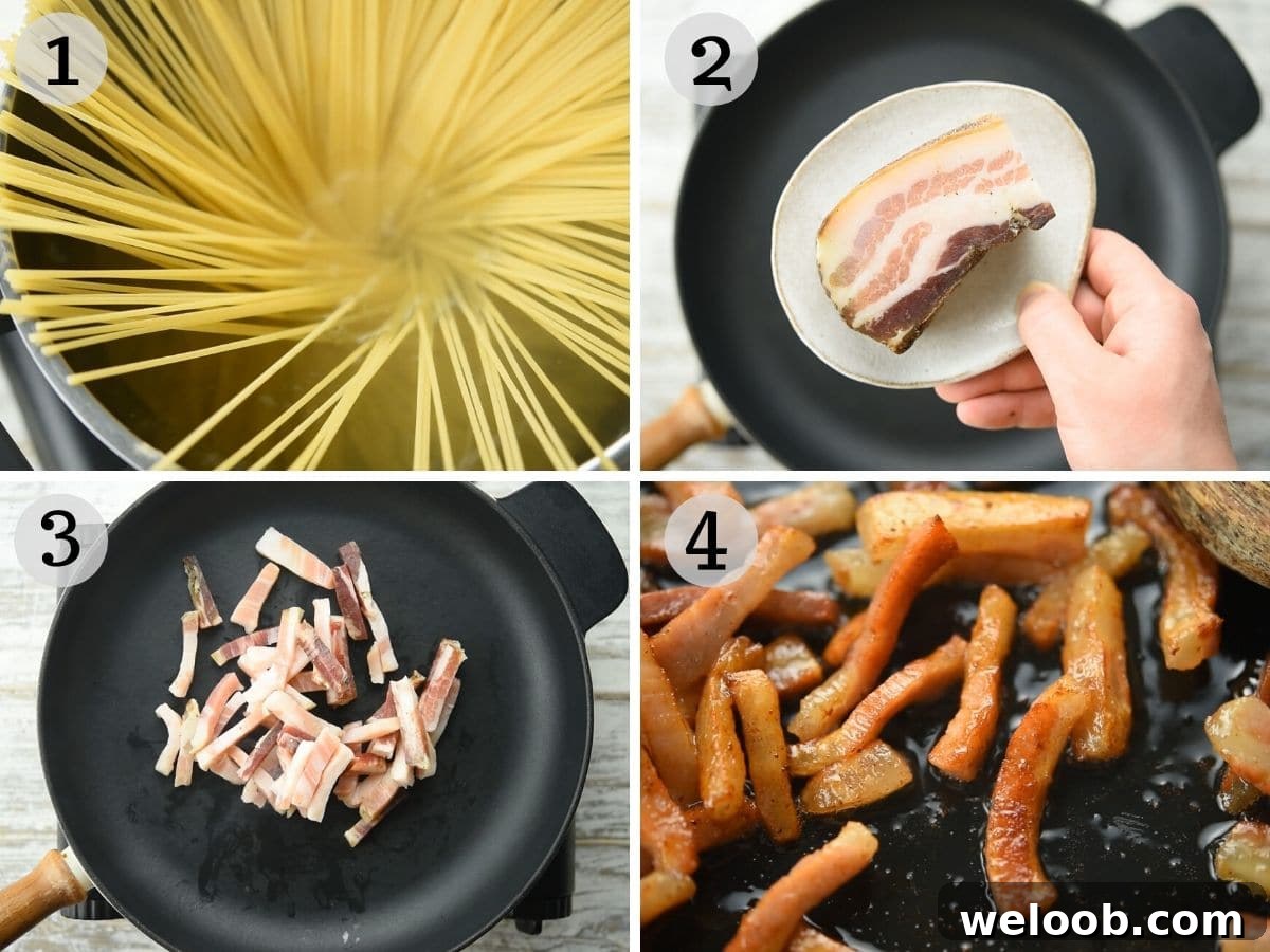 Step by step photos showing how to fry guanciale until crispy