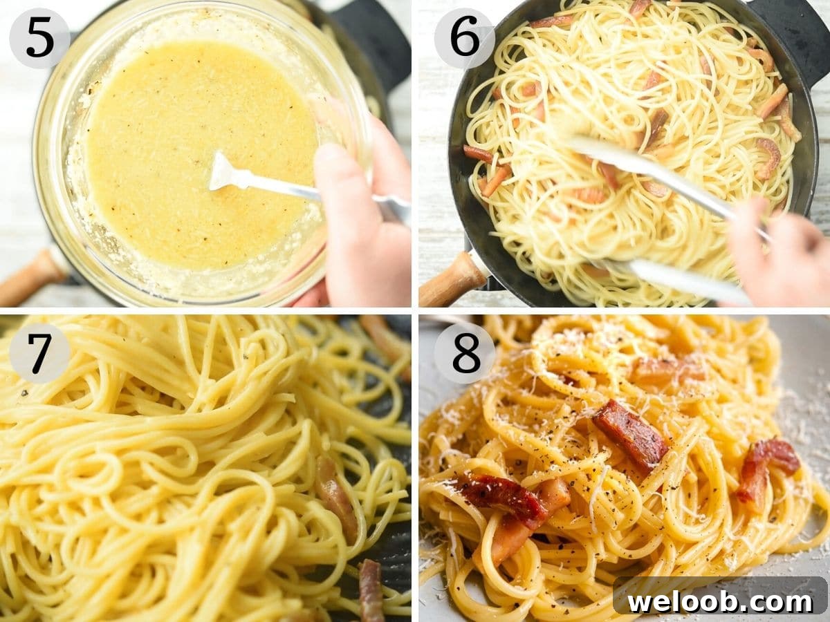 Step by step photos showing how to make pasta carbonara