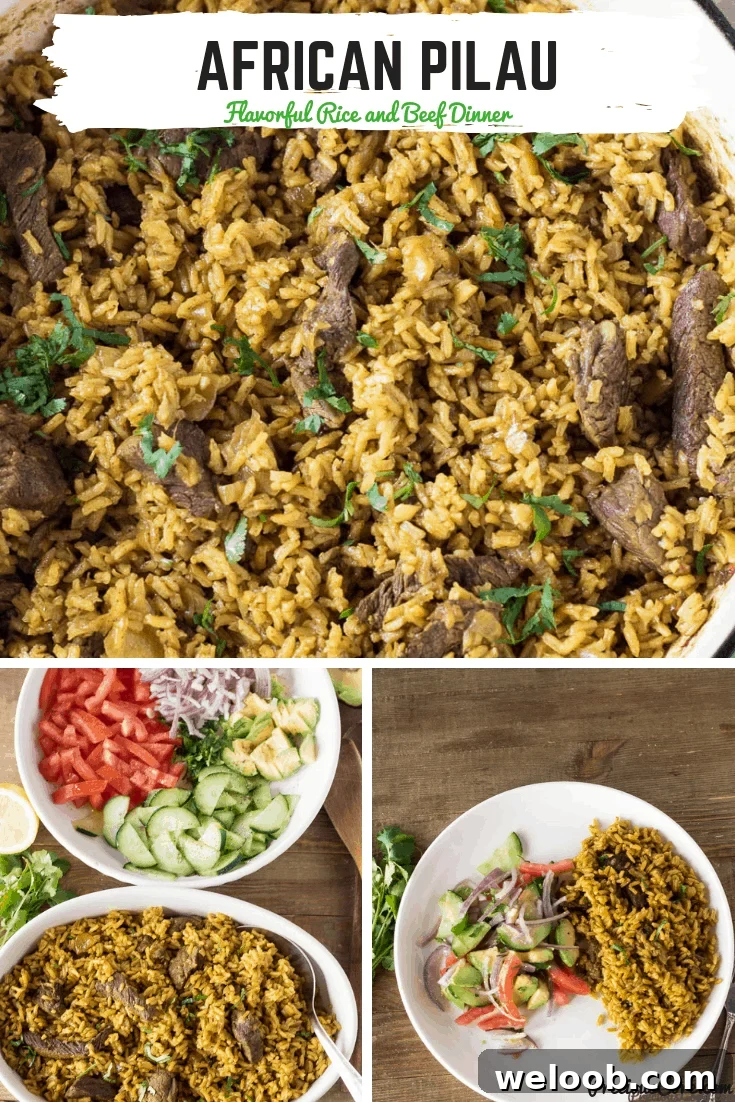 Collage of food with text "African Pilau Flavorful Rice and Beef Dinner."