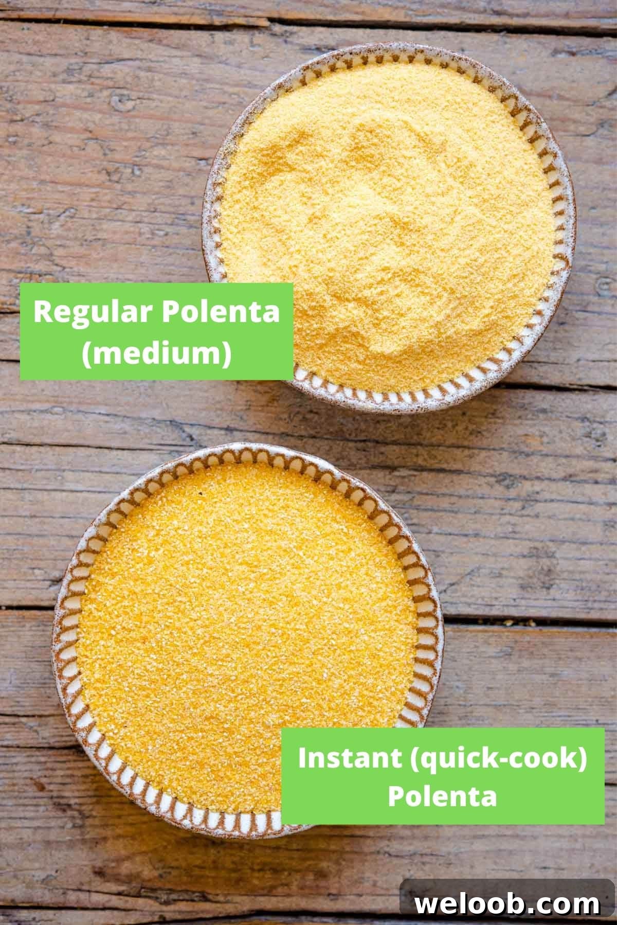 An overhead shot showing the difference between medium ground and coarse cornmeal